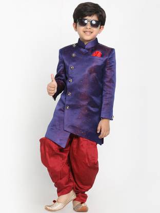 jbn CREATION JBN Creation Boys' Blue And Maroon Silk Blend Indowestern Sherwani And Dhoti Set Self Design Sherwani