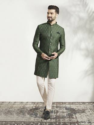 Kisah Kisah Men Light Green Sherwani Trouser Set Woven Sherwani