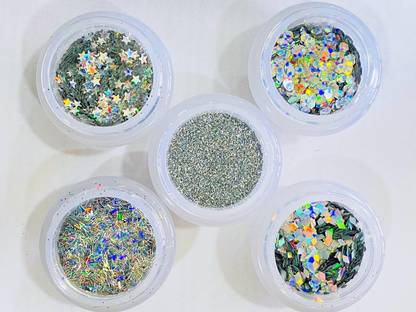 Mahir Glitter SUPER SILVER HOLOGRAPHIC CHUNKY 5 SILVER HOLO COLOURS IN JAR
