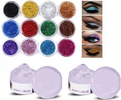 Yuency Colors Eye Dry Thick Shimmer Glitters - Pack Of 12 Pcs with Eye Glue/Gum