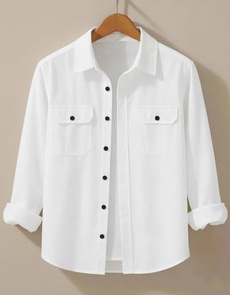 DEELMO Men Solid Casual White Shirt