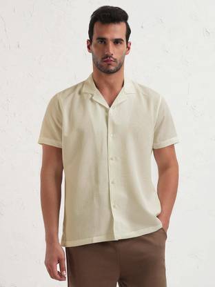 SHOWOFFFF Men Self Design Casual Beige Shirt