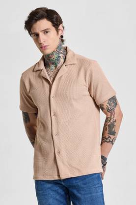 Snitch Men Self Design Casual Beige Shirt