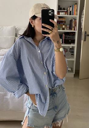 Femibazaar Women Striped Casual Blue, White Shirt