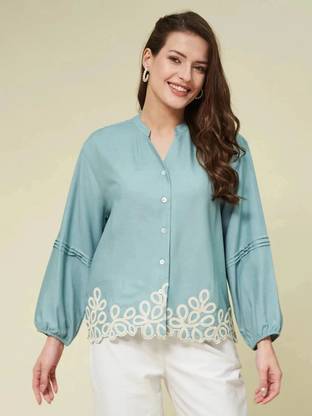 J TURRITOPSIS Women Embroidered Casual Blue Shirt