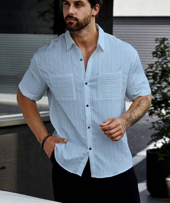 Marmic Fab Men Self Design Casual Light Blue Shirt