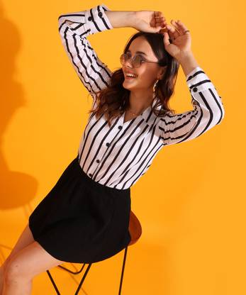 Ann Springs Women Striped Casual White Shirt