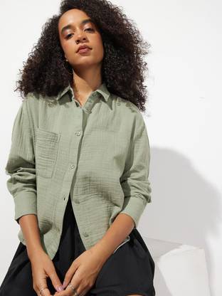 Roadster Women Self Design Casual Green Shirt