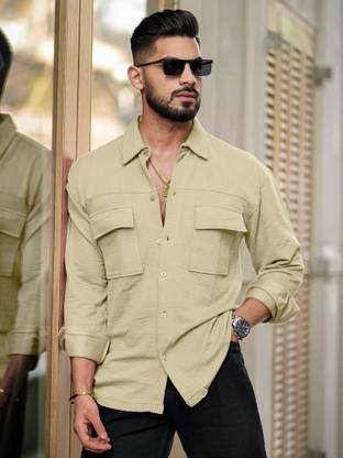 MANIAC Men Solid Casual Beige Shirt
