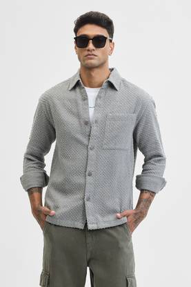 Snitch Men Self Design Casual Grey Shirt
