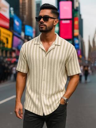 MANIAC Men Striped Casual Green Shirt