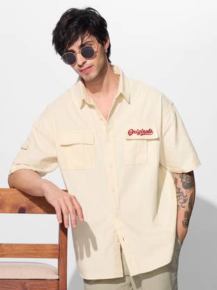 The Souled Store Men Solid Casual Beige Shirt
