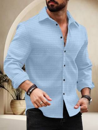 VELLOSTA Men Self Design Casual Light Blue Shirt