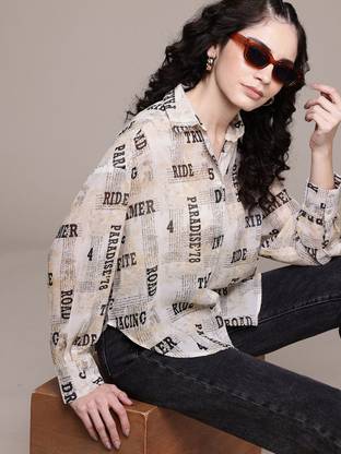 Roadster Women Printed Casual Grey Shirt