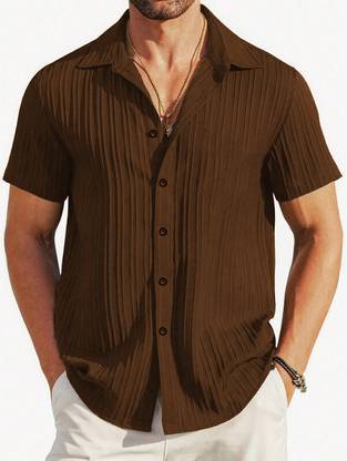 ugam traders Men Striped Formal Brown Shirt