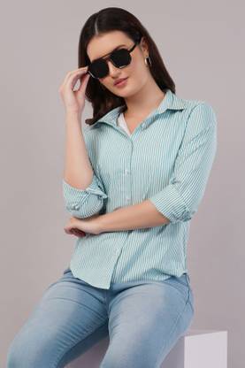 EVERSOFT FLOW Women Striped Casual Green Shirt