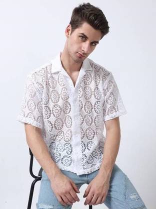Solbiza Men Self Design Casual White Shirt