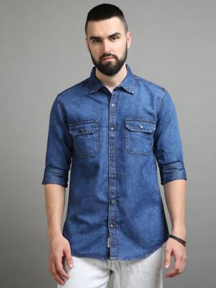 ZAHO Men Washed Casual Dark Blue Shirt