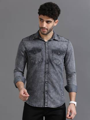 PRINTOUT Men Solid, Dyed/Ombre Casual Grey Shirt