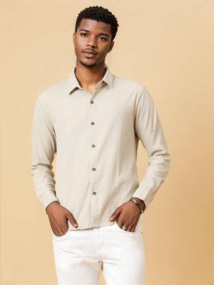 KOTTY Men Self Design Casual Beige Shirt