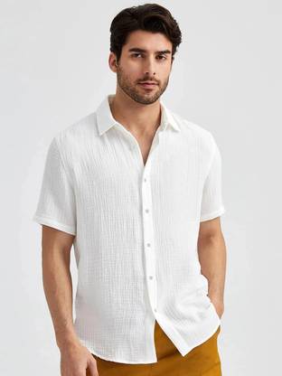 Webric Men Self Design Casual White Shirt