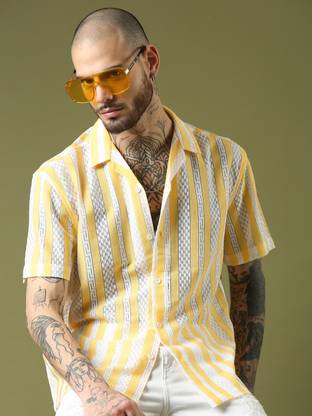 Voroxy Men Striped Casual Yellow Shirt