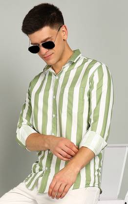 RODEIZ Men Striped Casual Green Shirt