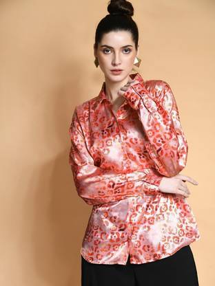 Aarvia Women Printed Casual Orange, Yellow, Pink Shirt