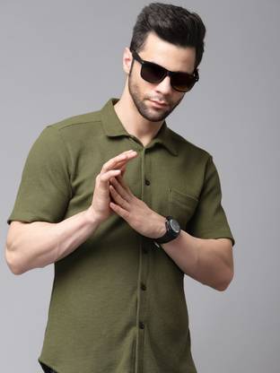 RIGO Men Solid Casual Dark Green Shirt