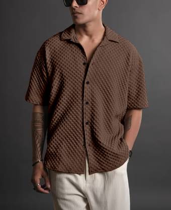 javier Men Self Design Casual Brown Shirt