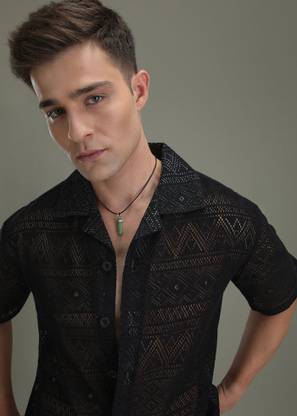 Plus91 Men Self Design Beach Wear Black Shirt