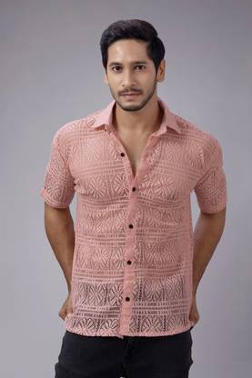 Lunice Men Self Design Casual Pink Shirt