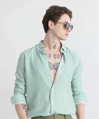 U TURN Men Striped Casual Light Green Shirt