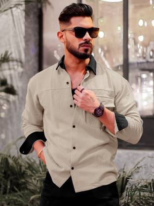MANIAC Men Solid Casual Beige Shirt