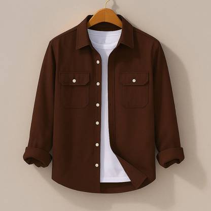 DEELMO Men Solid Casual Brown Shirt