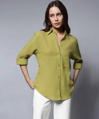 Fab Star Women Solid Casual Green Shirt