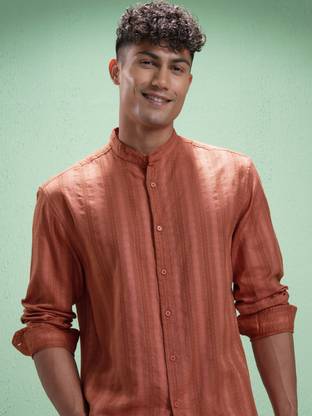 HIGHLANDER Men Striped Casual Orange Shirt