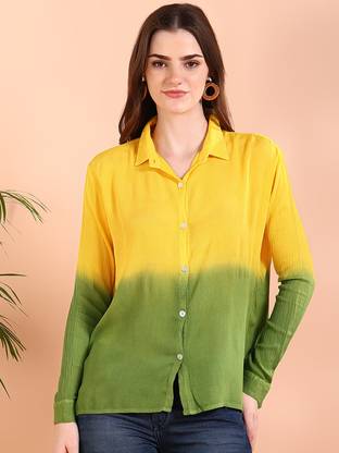 maaesa Women Color Block Casual Yellow Shirt