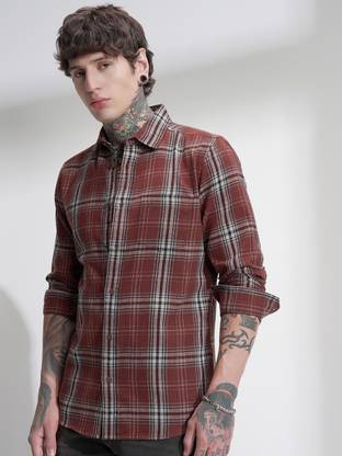 HIGHLANDER Men Checkered Casual Brown Shirt