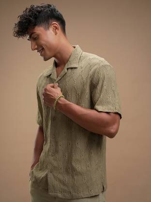 HIGHLANDER Men Self Design Casual Green Shirt