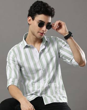 U TURN Men Striped Casual Green, White Shirt