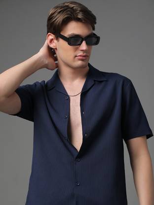 Voroxy Men Solid Casual Dark Blue Shirt