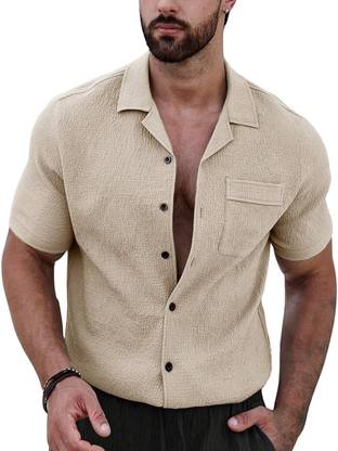 DEEMOON Men Solid Casual Beige Shirt