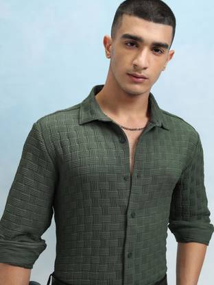 Solbiza Men Self Design Casual Green Shirt