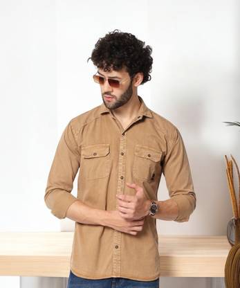 Double One Men Solid Casual Brown Shirt