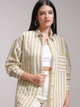 Tokyo Talkies Women Striped Casual Yellow Shirt
