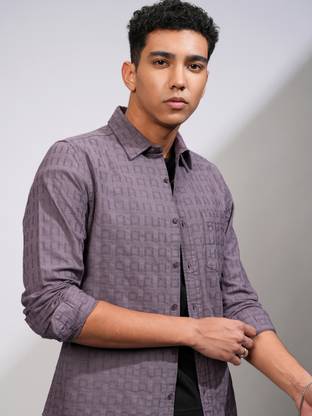 HIGHLANDER Men Self Design Casual Purple Shirt