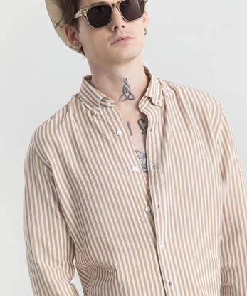 Jai Textiles Men Striped Casual Brown Shirt