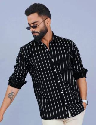 RODEIZ Men Striped Casual Black Shirt