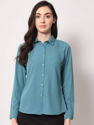 Fbella Women Solid Casual Blue Shirt